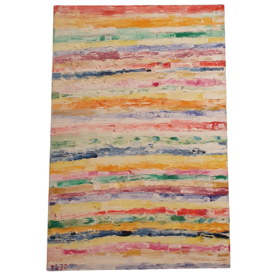 Farbspuren Abstraktes Gemälde mit horizontalen farbigen Streifen in Rosa, Gelb, Blau, Grün und Orange auf hellem Hintergrund.