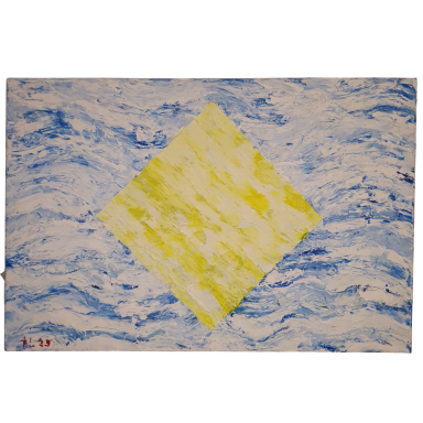 Gelbes Quadrat Abstraktes Gemälde mit gelbem rautenförmigem Quadrat auf blau strukturierter Fläche.