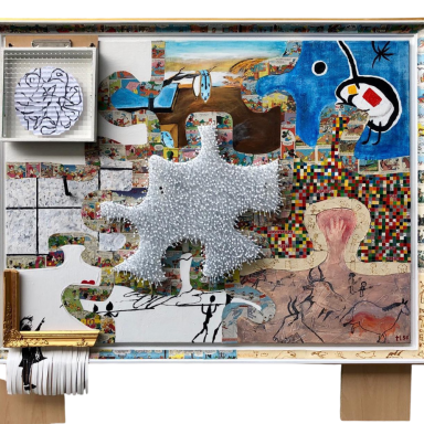 Objektcollage I Collageartige Objektarbeit in einem Kastenrahmen mit farbigen Bildflächen, einer weißen zentralen Form, kleinen Zeichnungen und verschiedene
