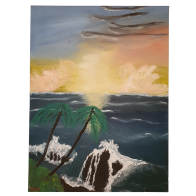 Zwischen Himmel und Meer Gemälde mit dunklem Meer, schäumenden Wellen, einer felsigen Küste, zwei Palmen und warm leuchtendem Himmel.