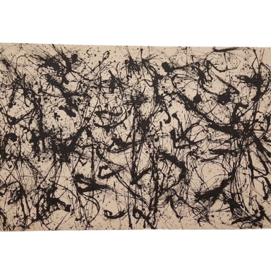 Gestische Spuren I Abstraktes Bild mit schwarzen gestischen Linien und Spritzspuren auf hellem Hintergrund.