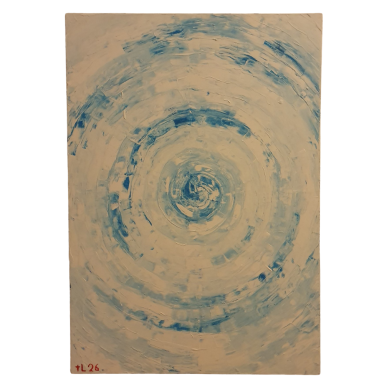 Kreisbewegung in Blau Abstraktes Gemälde mit konzentrischen Kreisen in Blau und hellen Beigetönen.