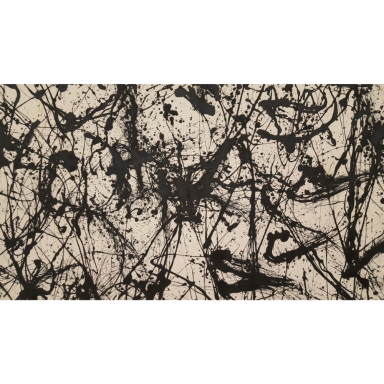 Gestische Spuren II Abstraktes Bild mit schwarzen Linien, Spritzern und überlagerten Spuren auf hellem Hintergrund.