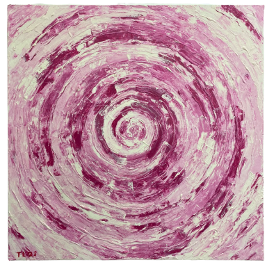 Resonanz in Magenta Abstraktes Gemälde mit kräftigen konzentrischen Kreisen in Magenta und Weiß.