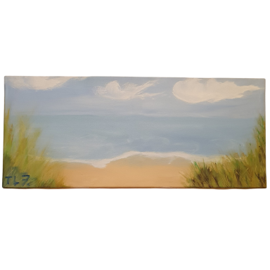 Zwischen Dünen und Meer Küstenlandschaft mit Sandstrand, Dünengräsern im Vordergrund, ruhigem Meer und bewölktem Himmel.