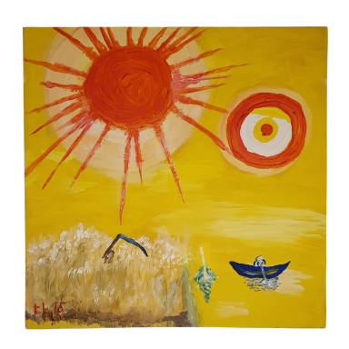 Unter der roten Sonne Fantasievolles Gemälde mit großer roter Sonne, leuchtend gelbem Himmel, einer zweiten Kreisform und einem kleinen blauen Boot.