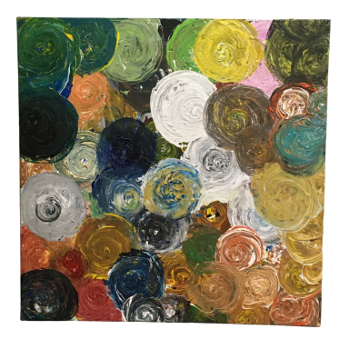 Farbkreise I Abstraktes Gemälde mit vielen farbigen Kreisen und spiralförmigen Pinselstrukturen in Blau, Grün, Gelb, Weiß und Ocker.