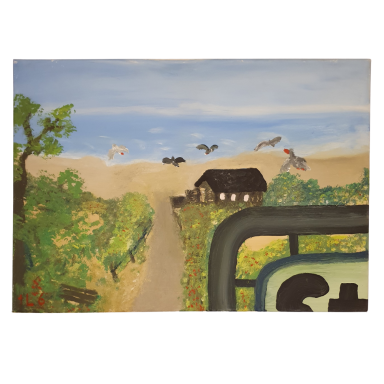 Ein Weg durchs Land Gemälde einer ländlichen Landschaft mit einem Weg, grünen Bäumen, einem dunklen Haus und Vögeln am Himmel.