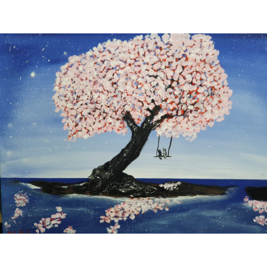 Ein Baum voller Blüten Gemalter Baum mit dichter rosafarbener Blütenkrone auf einer kleinen Insel, dessen Blüten sich im Wasser spiegeln.