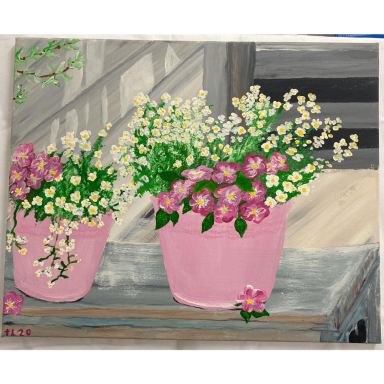Blumen am Fenster Gemälde mit zwei rosa Blumentöpfen voller weißer, gelber und rosafarbener Blumen auf einem Fenstersims.